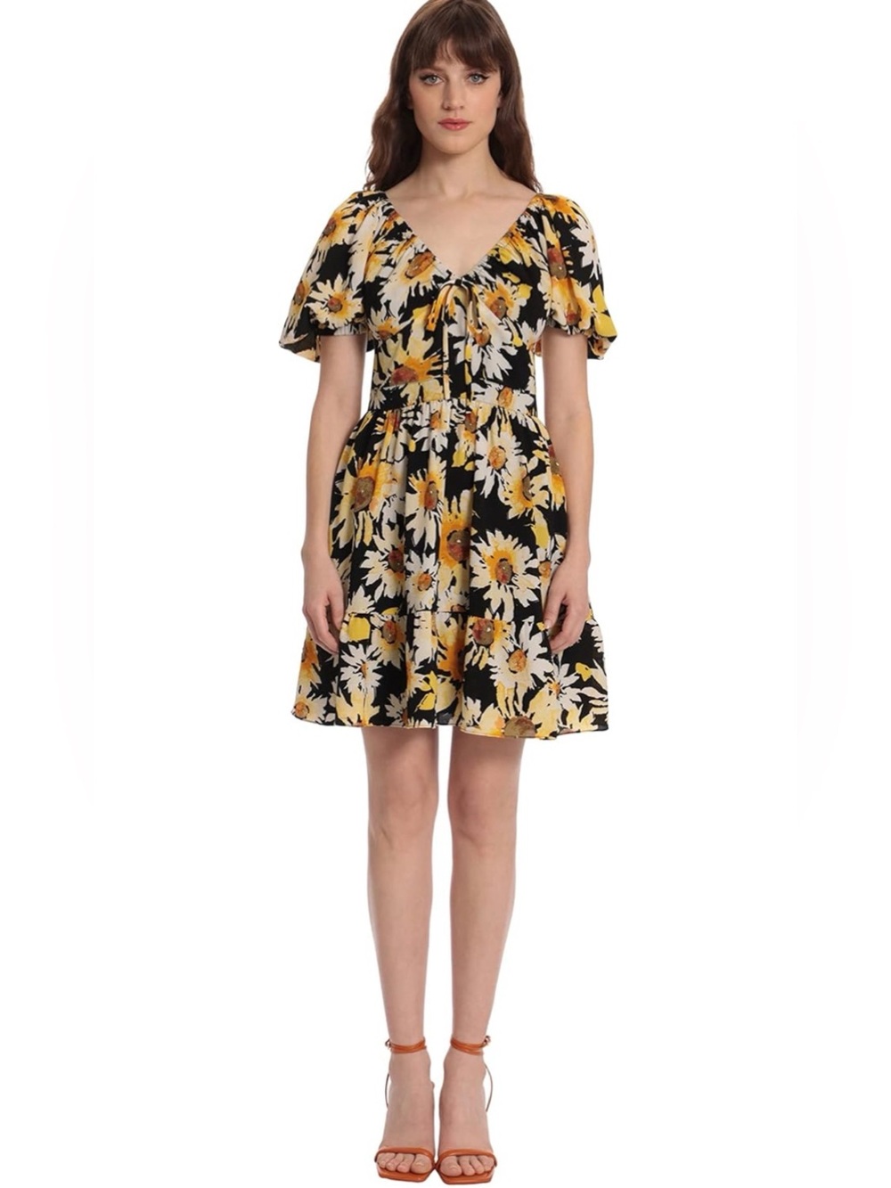 Donna Morgan Sunflower Print Whimsygoth Mini Tiered Dress puff sleeve NWT 12